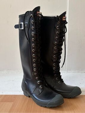 Hunter Black Lace-Up Tall Rain Boots with Side Buckle